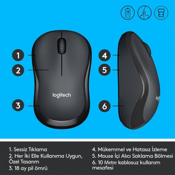 LOGITECH M220 Kablosuz Sessiz Optic Gri / Siyah Mouse 910-004878