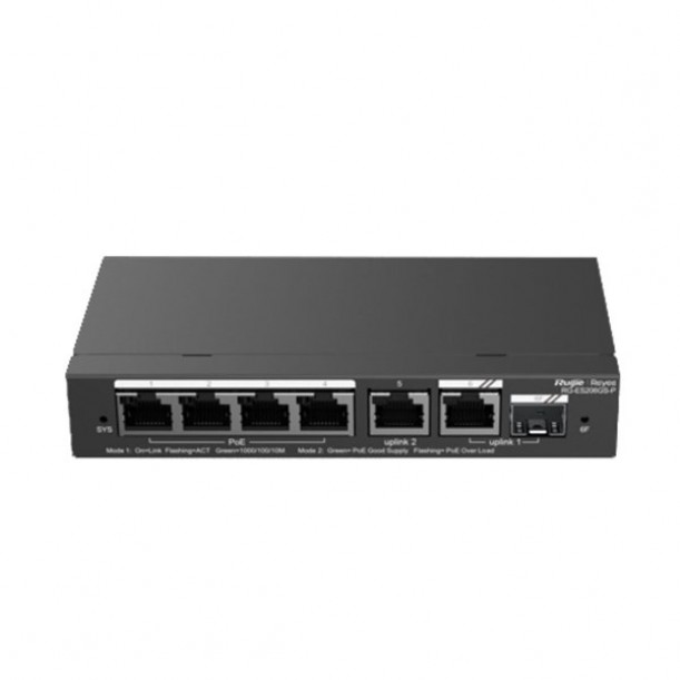 RUIJIE 4port RG-ES206GS-P GIGABIT 1-Uplınk 1-SFP 54W FULL POE Cloud Yonetılebılır Desktop Swıtch