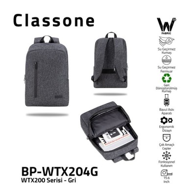 Classone Bp-Wtx204g 15.6" Uyumlu Wtx Pro Su Geçirmez Kumaş Ve Fermuar Notebook