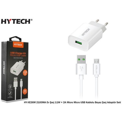 Hytech HY-XE26M Micro USB Kablolu 2100MA Ev Şarj 11W + 2A Micro Beyaz Şarj Adaptör Seti