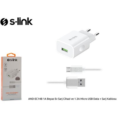 S-link AND-EC14B 1A Beyaz Ev Sarj Cihazi ve 1.3A Micro USB Data + Sarj Kablosu